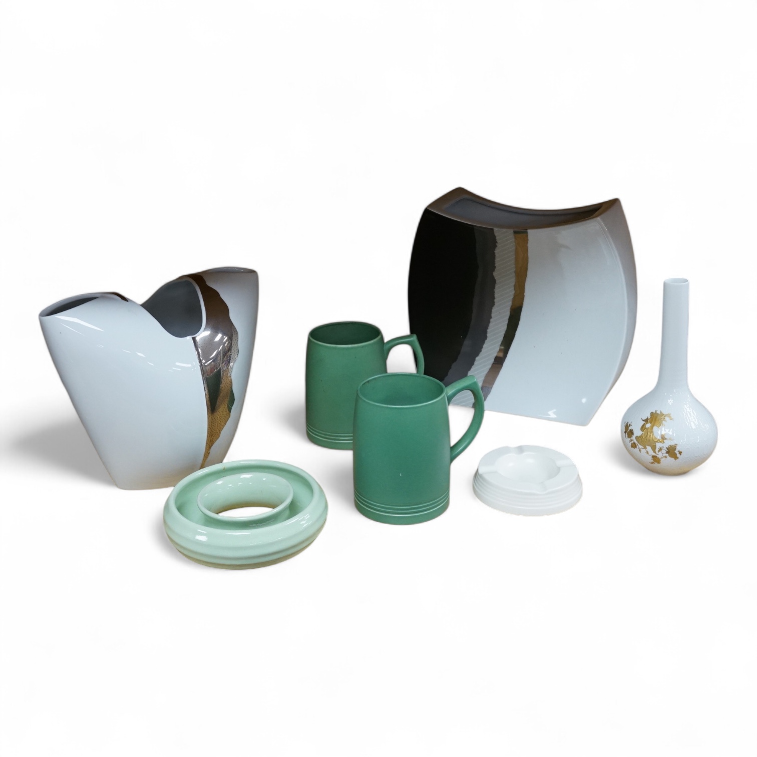 A collection of Rosenthal and Wedgwood pottery to include a pair of Keith Murray mugs, abstract vases and an ash tray, largest 25cm high